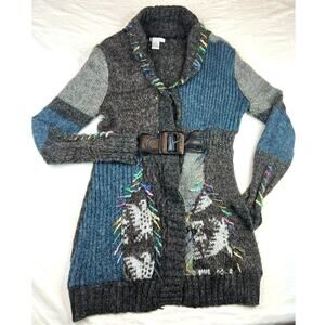 Stylish Women's Patchwork Sweater with Belt - Gray and Blue